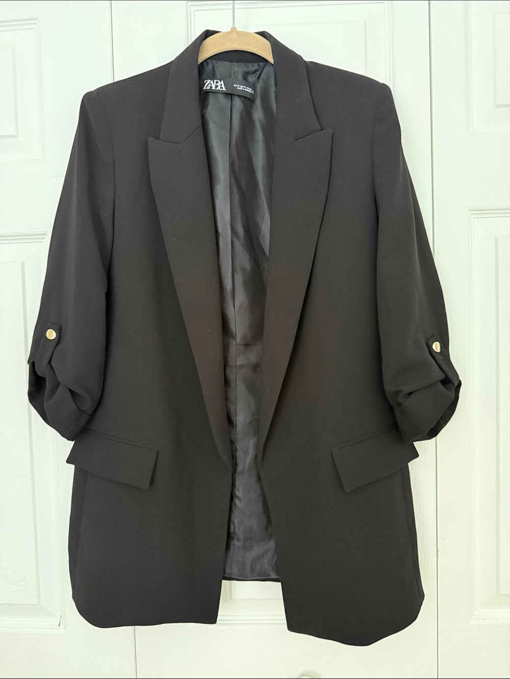 Zara Black Open-Front Roll-Sleeve Blazer w Button Tabs Jacket Size M